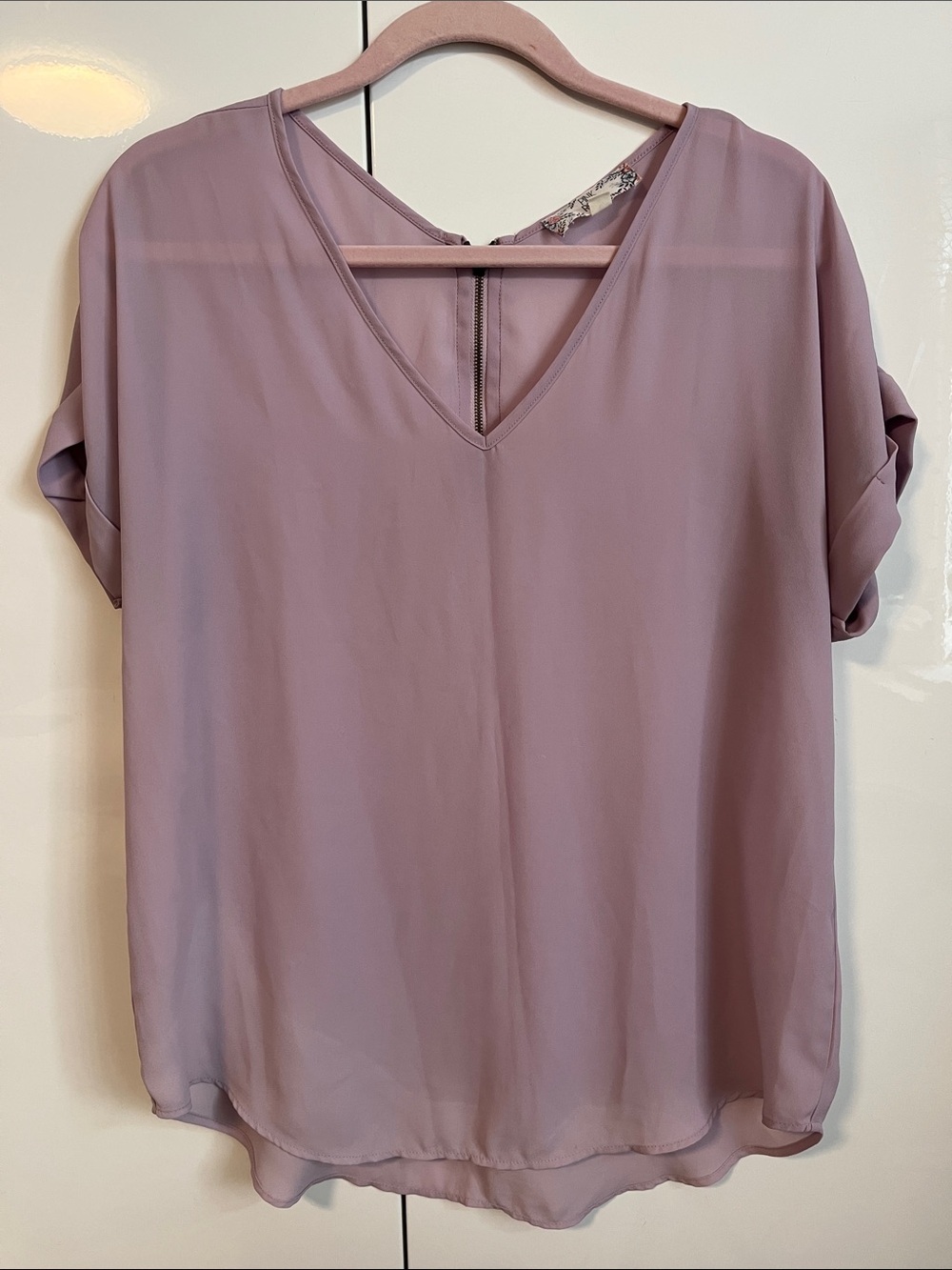 PINK ROSE V-Neck Roll-Sleeve Blouse - Lilac, Size L